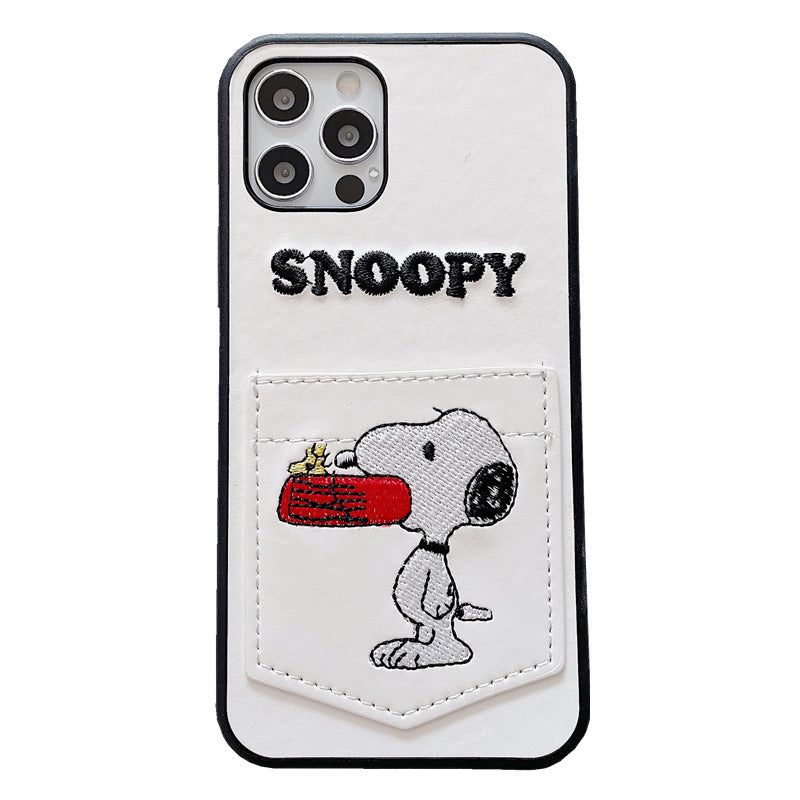 Snoopy Embroidered Leather Card Slots iPhone Cases