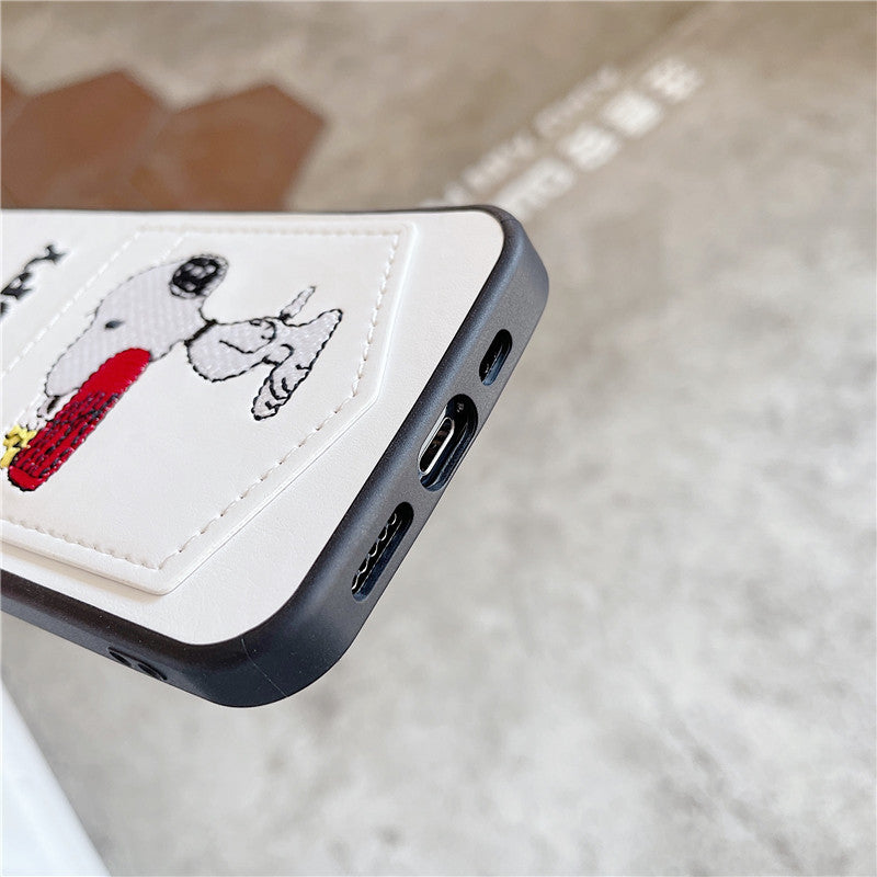 Snoopy Embroidered Leather Card Slots iPhone Cases