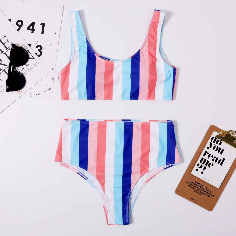 Multicolor Strip High Waist Bikini Beachwear Swimsuit