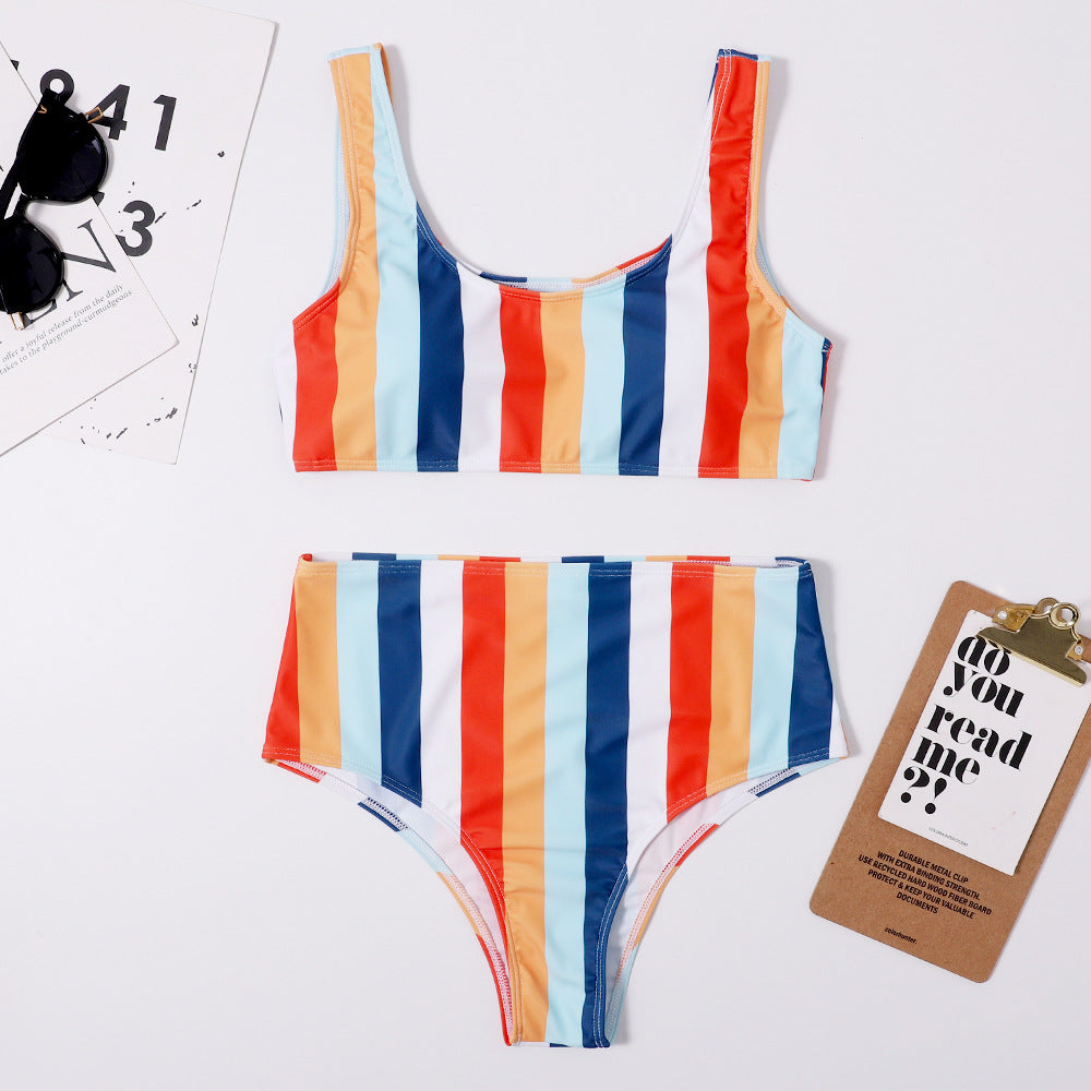 Multicolor Strip High Waist Bikini Beachwear Swimsuit