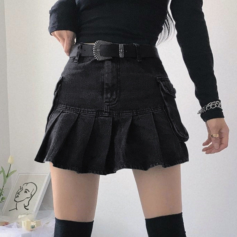 High Waist Pleated Jean Short Skirt