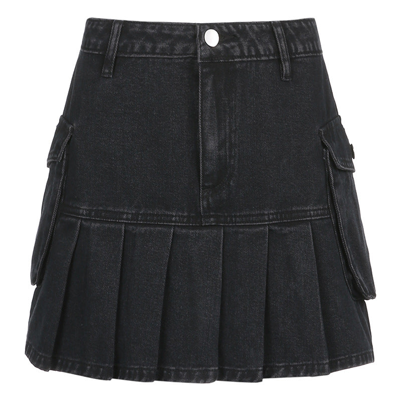 High Waist Pleated Jean Short Skirt