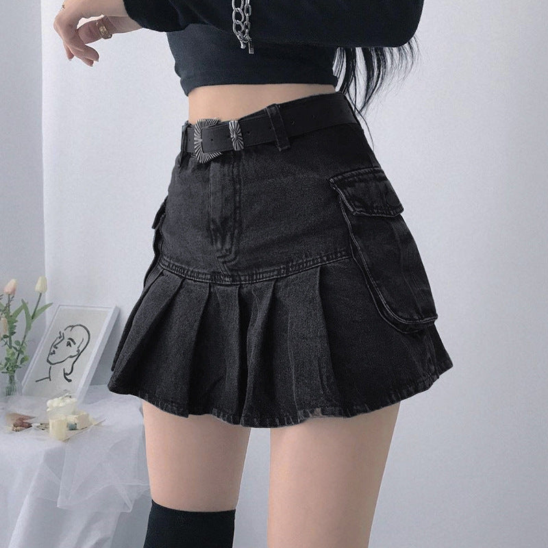 High Waist Pleated Jean Short Skirt