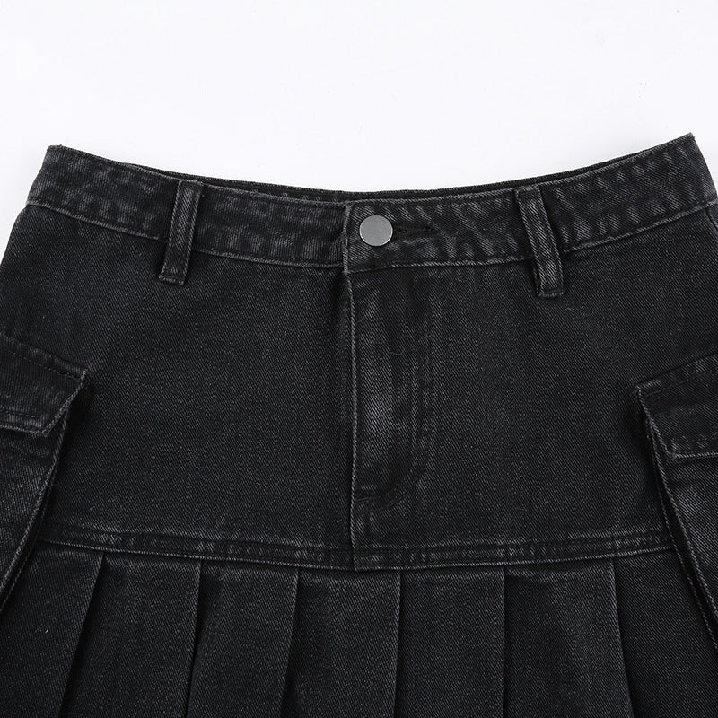 High Waist Pleated Jean Short Skirt