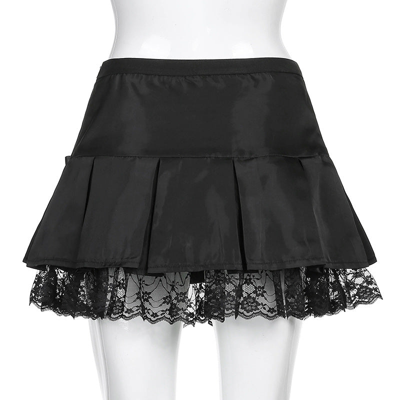 Pleated Lace Bow Mini Short Skirt Women