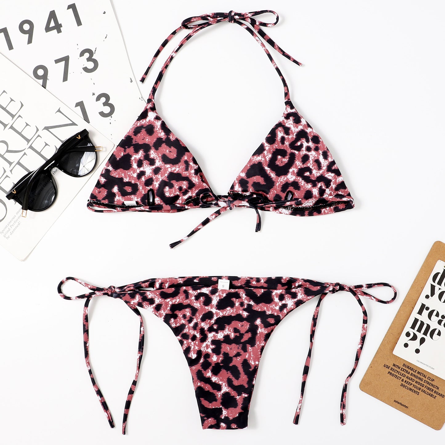 Leopard Print Triangle Halter Side Tie Bikini Set