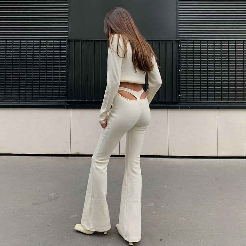 Ribbed Knit High Waist High-Cut Design Wide Leg Pant