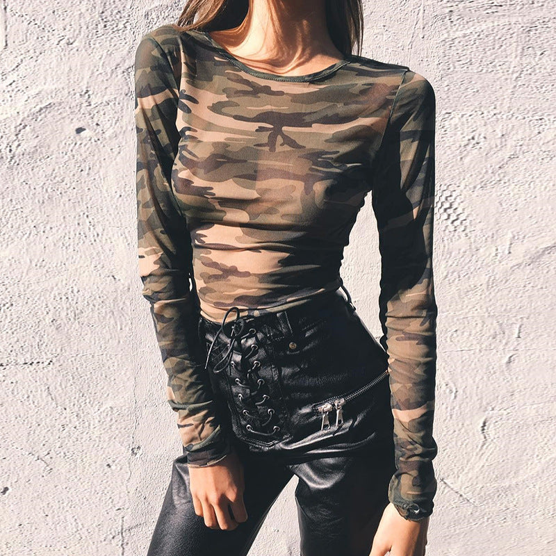 Mesh See-through Camouflage Print Tees T-shirt