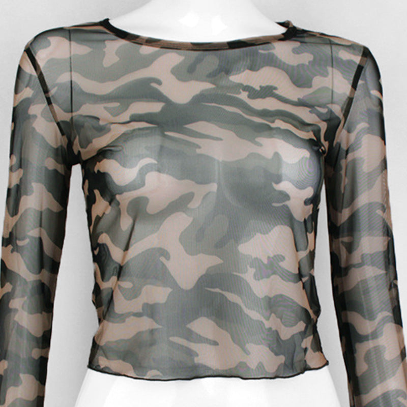 Mesh See-through Camouflage Print Tees T-shirt