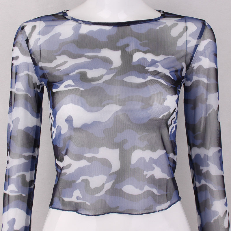 Mesh See-through Camouflage Print Tees T-shirt