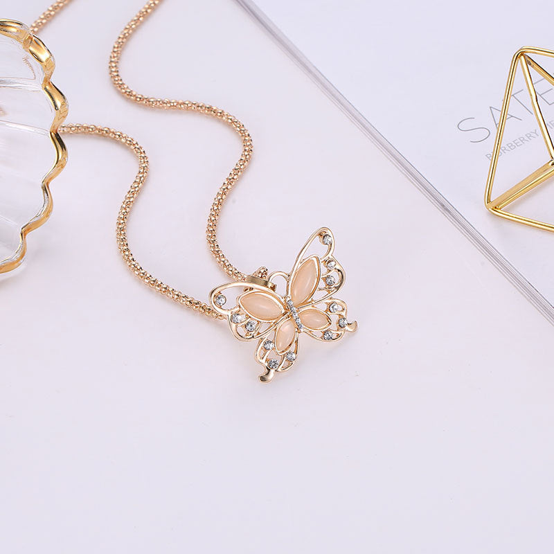 Opal Rhinestone Hollow Butterfly Necklace