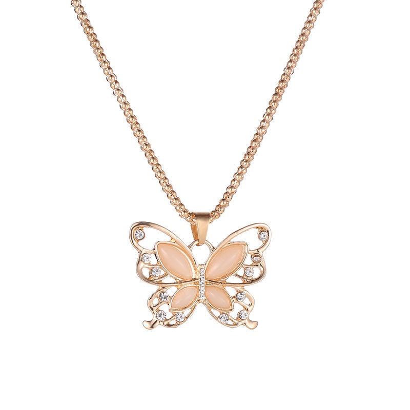 Opal Rhinestone Hollow Butterfly Necklace