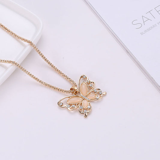 Opal Rhinestone Hollow Butterfly Necklace