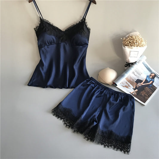 Floral Lace Satin Cami Pajama Set Dark Blue - M I I X A S