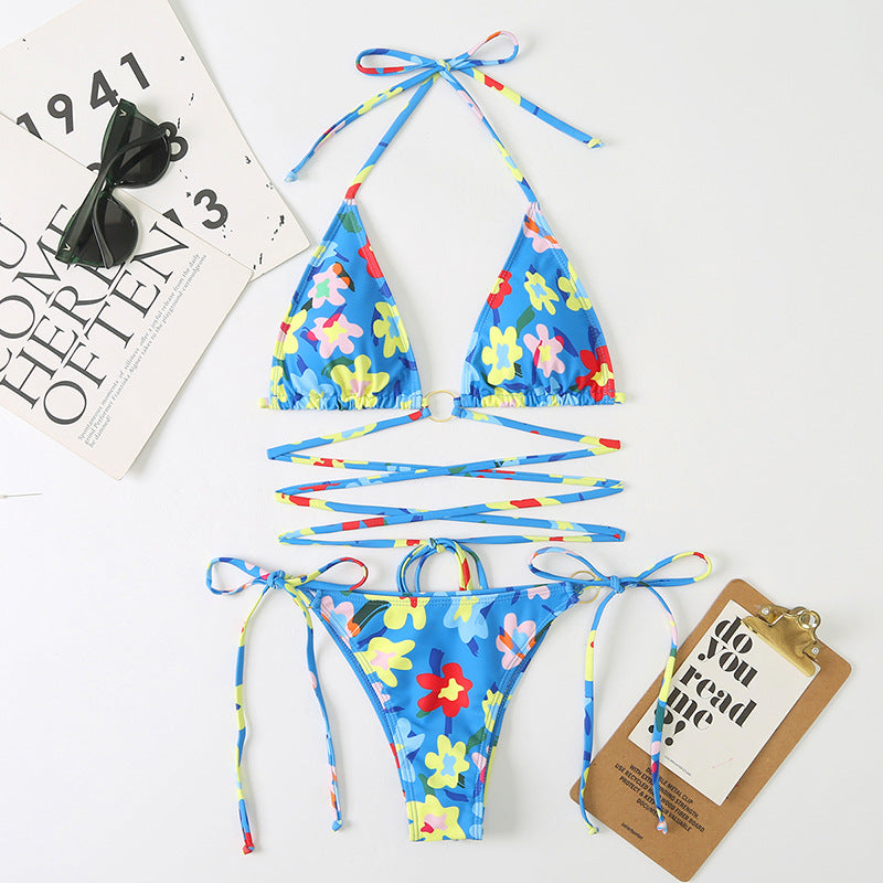 Floral Multicolor Ring Linked Bikini Set Swimsuit