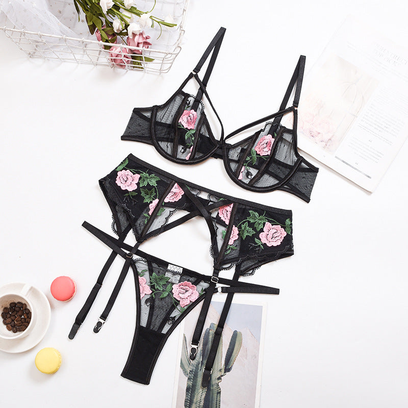 Floral Embroidery Underwire Push-up Bra & Garter Set