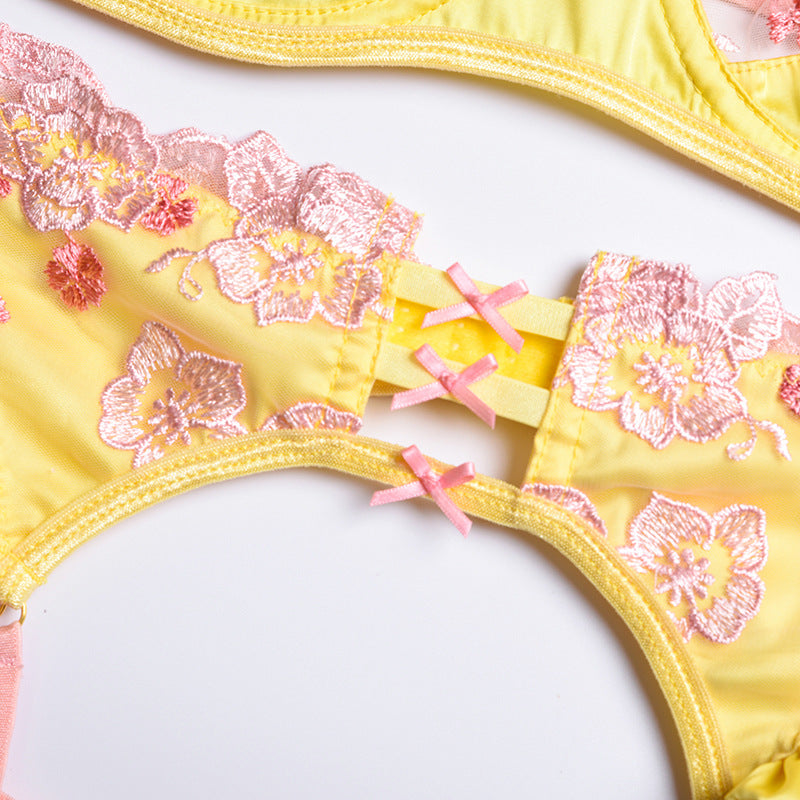 Yellow Floral Embroidery Mesh Bra & Garter Set