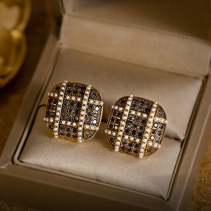 Gold Plated Rhinestone Black Pearl Stud Earrings