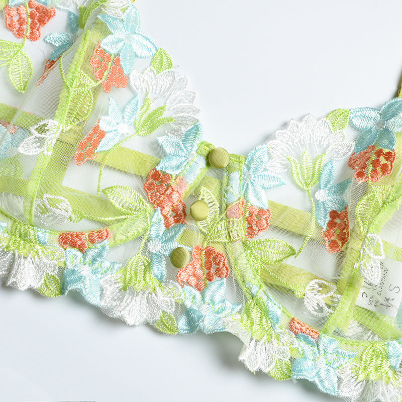 Apple Green Floral Embroidery Underwire Bra & Garter Set