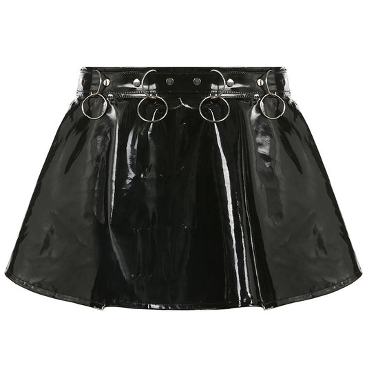 Leather Grunge Punk Metal Ring Mini Short Skirt