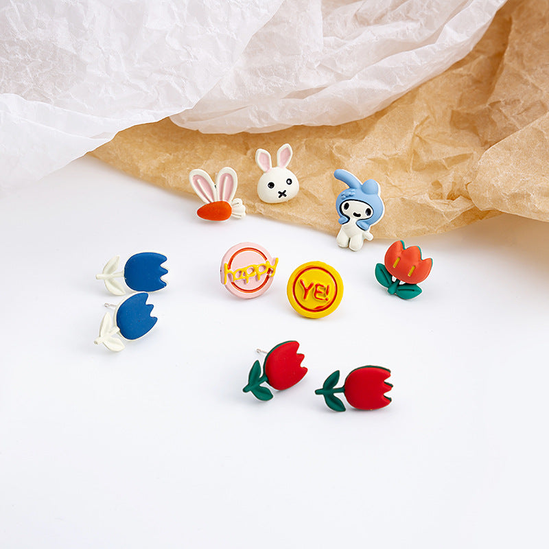 Cute Cartoon Bunny Rose Stud Earrings 