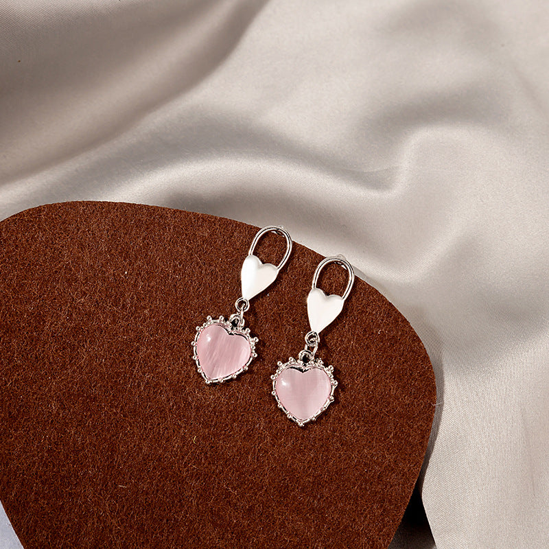 Pink Opal Heart Stud Earrings