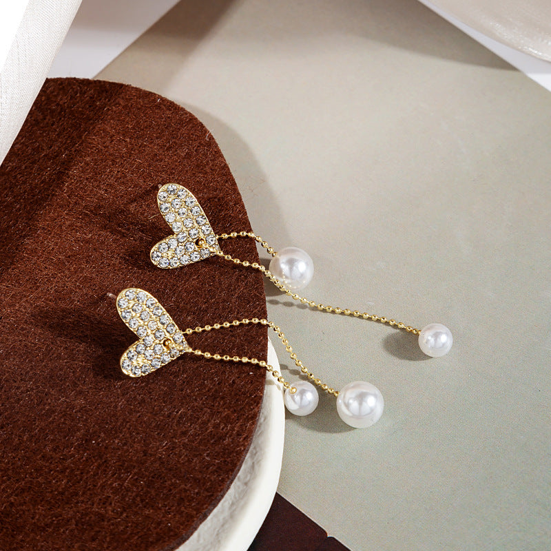 Heart Dangle Pearl Stud Earrings