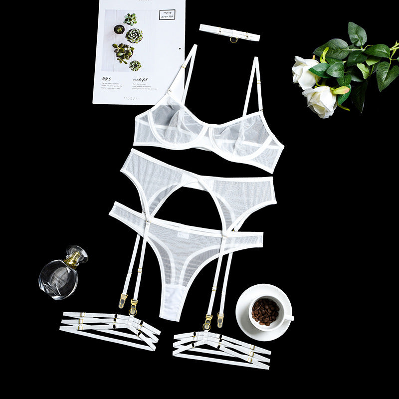 See Through Mesh Underwire Bra & Garter Set