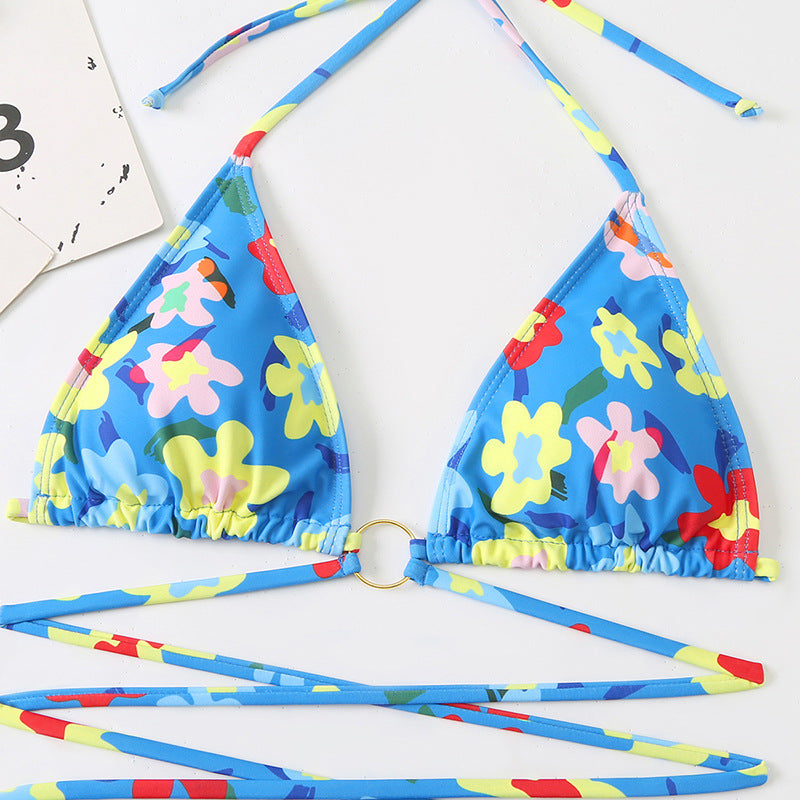 Floral Multicolor Ring Linked Bikini Set Swimsuit