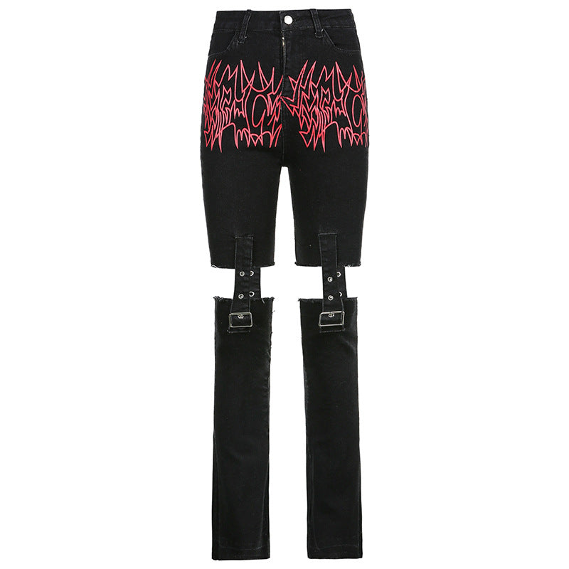 Flame Print Split Black Jean Women