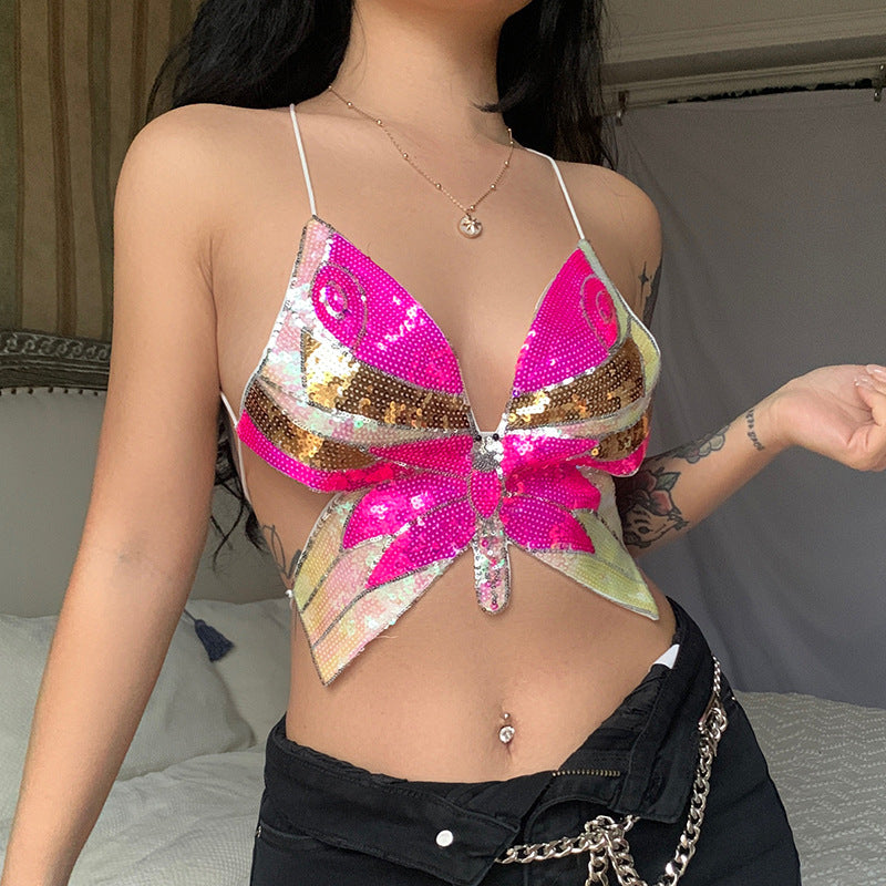 Butterfly Sequin Halter Straps Tops