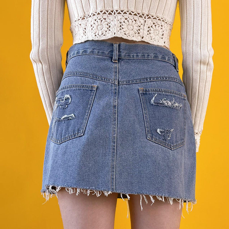 Hole Ribbed High Waist Jean Skirt Women