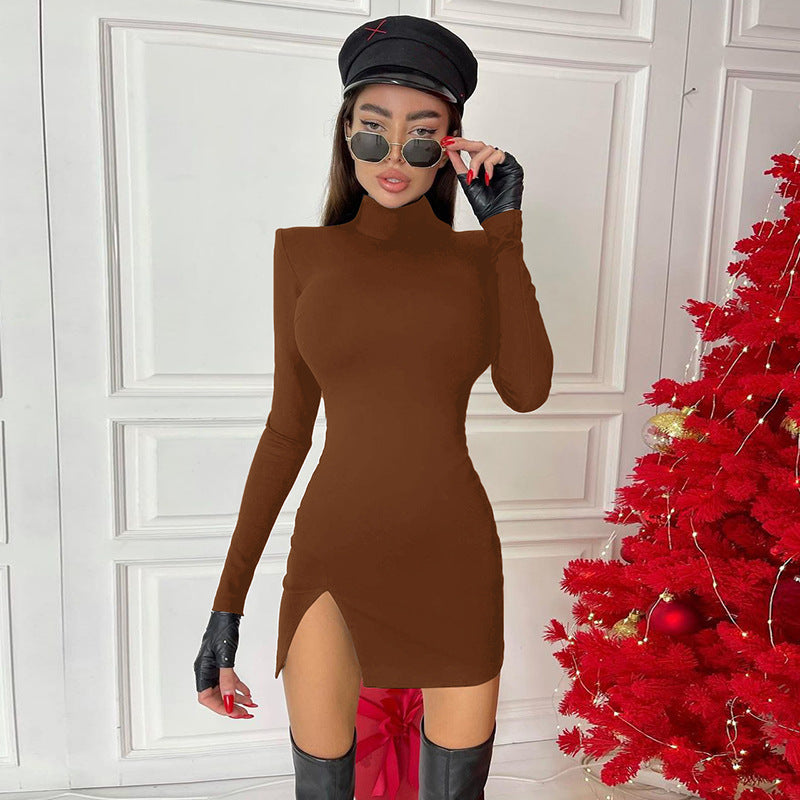 Long Sleeve High Neck Split Dress