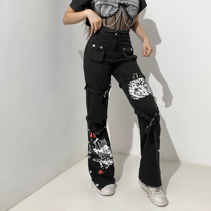 Grunge Punk Metal Button Wide Leg Pant Women