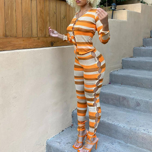 Stripes Color Side Hollow Out Two Piece Set