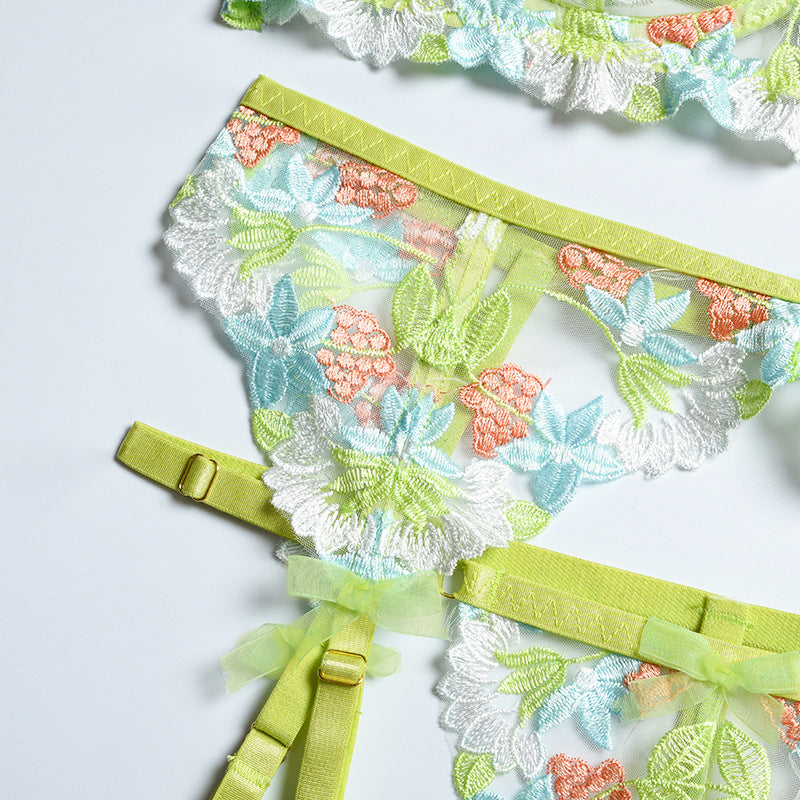 Apple Green Floral Embroidery Underwire Bra & Garter Set