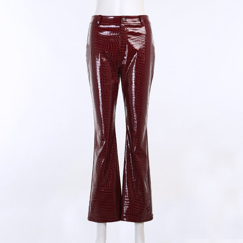 Crocodile Embroidery Straight Leather Pant Women