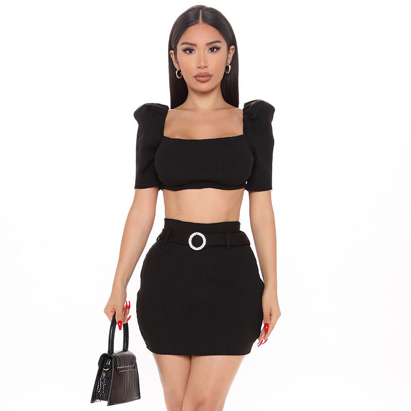 Puffed Sleeve Short Skirt Two Pieces Set