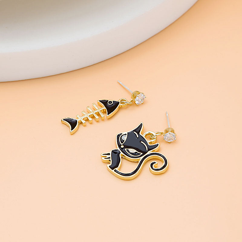 Cartoon Cat & Fish Bone Stud Earrings