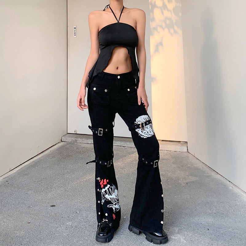 Grunge Punk Metal Button Wide Leg Pant Women