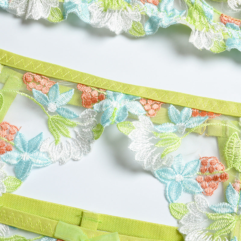 Apple Green Floral Embroidery Underwire Bra & Garter Set