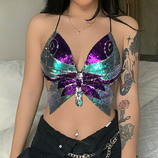 Butterfly Sequin Halter Straps Tops