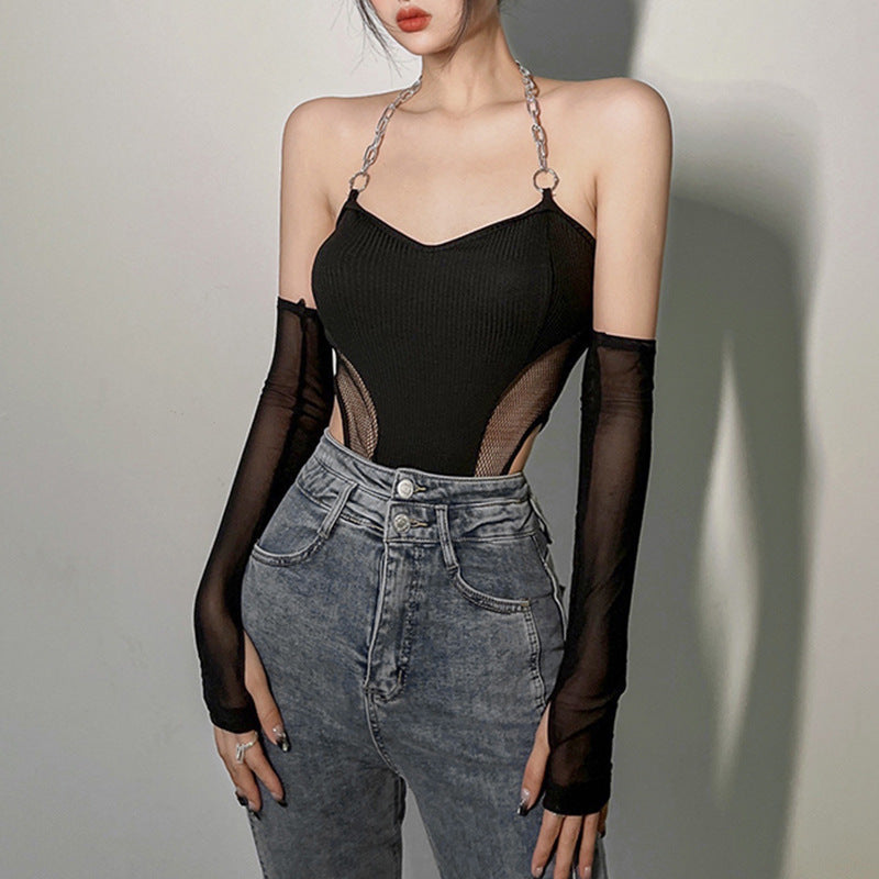 Knitted Mesh Sleeve Chain Halter Straps Bodysuit