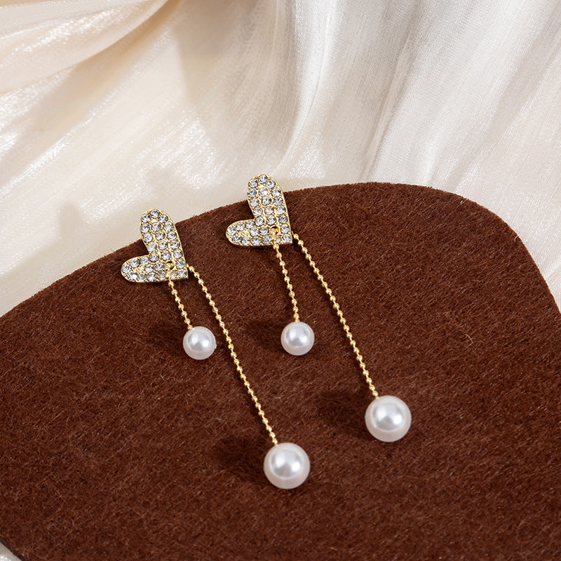 Heart Dangle Pearl Stud Earrings