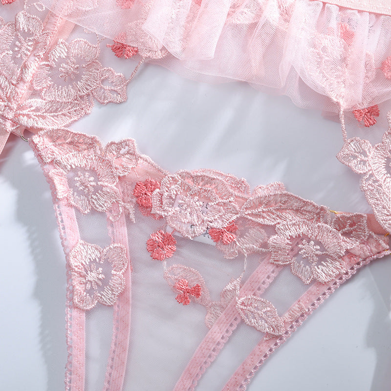 Pink Mesh Floral Embroidery Underwire Bra & Garter Set