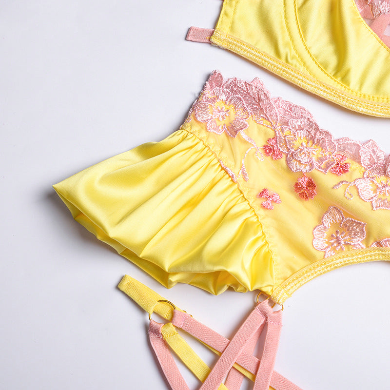 Yellow Floral Embroidery Mesh Bra & Garter Set