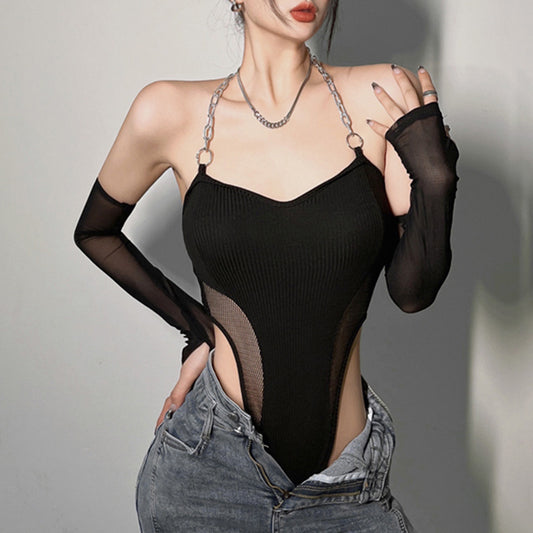 Knitted Mesh Sleeve Chain Halter Straps Bodysuit