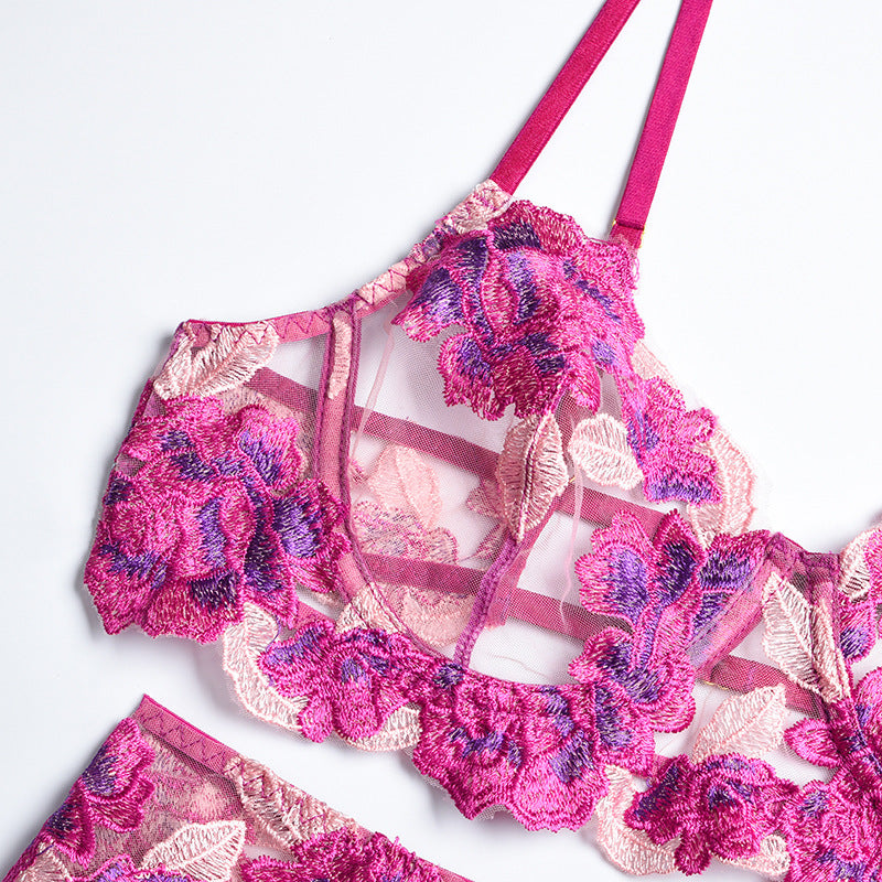 Pink Floral Embroidery Underwire Bra & Garter