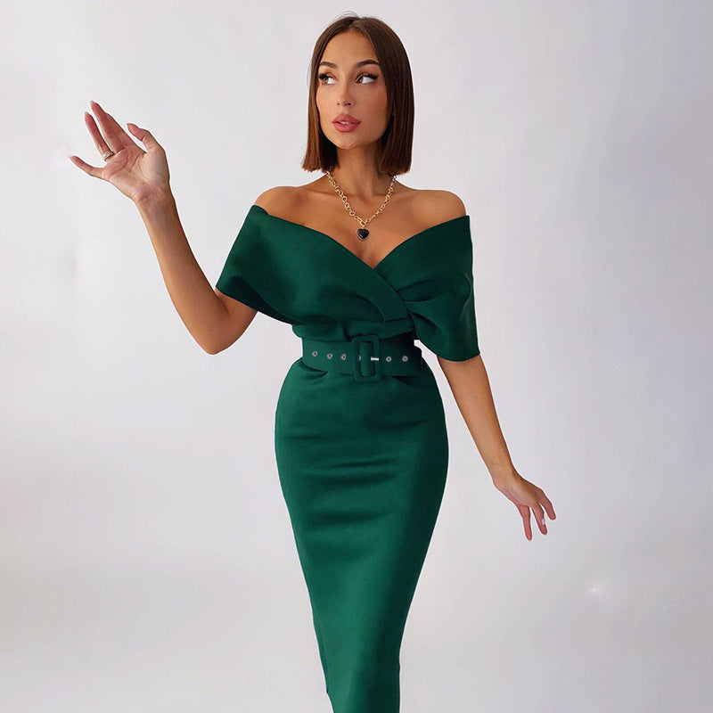 Off Shoulder Belt Wrap Formal Dress