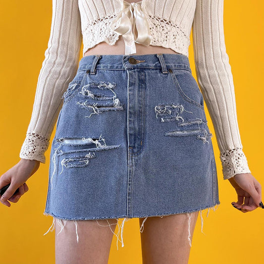 Hole Ribbed High Waist Jean Skirt Women